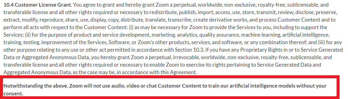 Zoom's TOU clause 10.4 confirming non use of Customer content without consent
