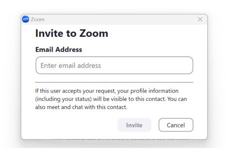 Pop up screen for adding a Zoom contact