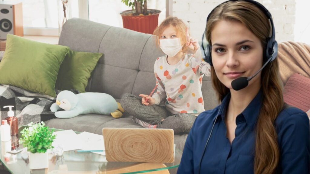 call center agent with child in background