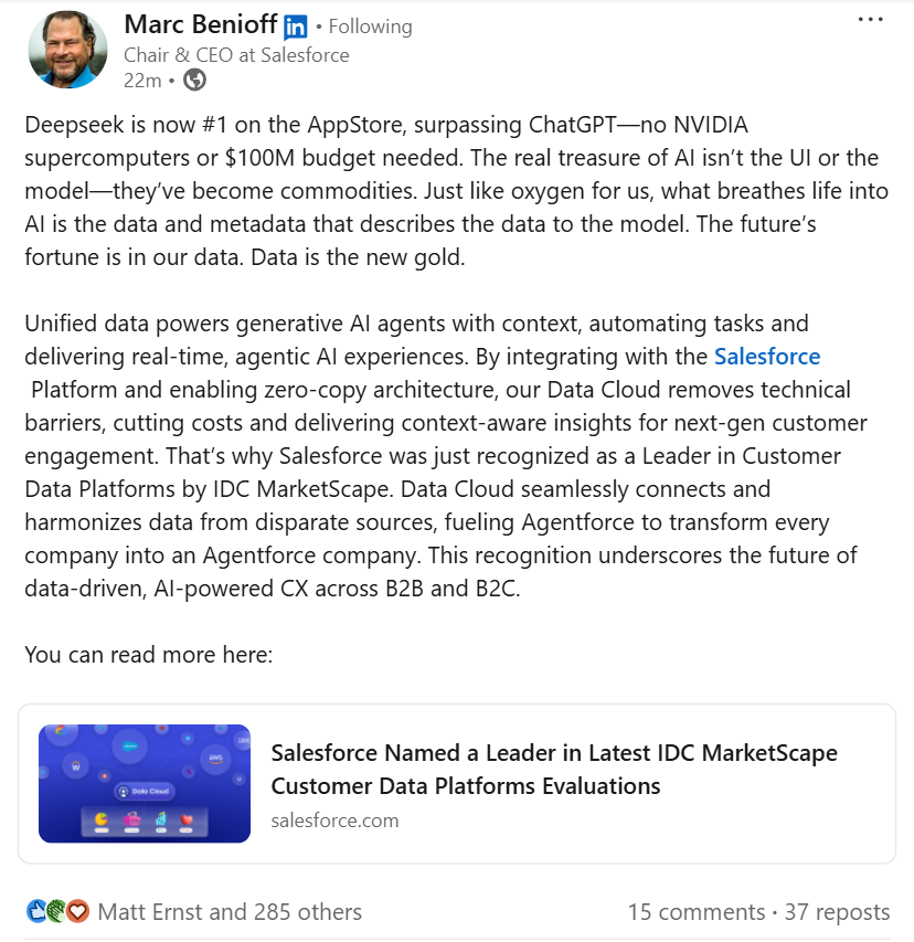 Marc Benioff's post on LinkedIn about Deepseek